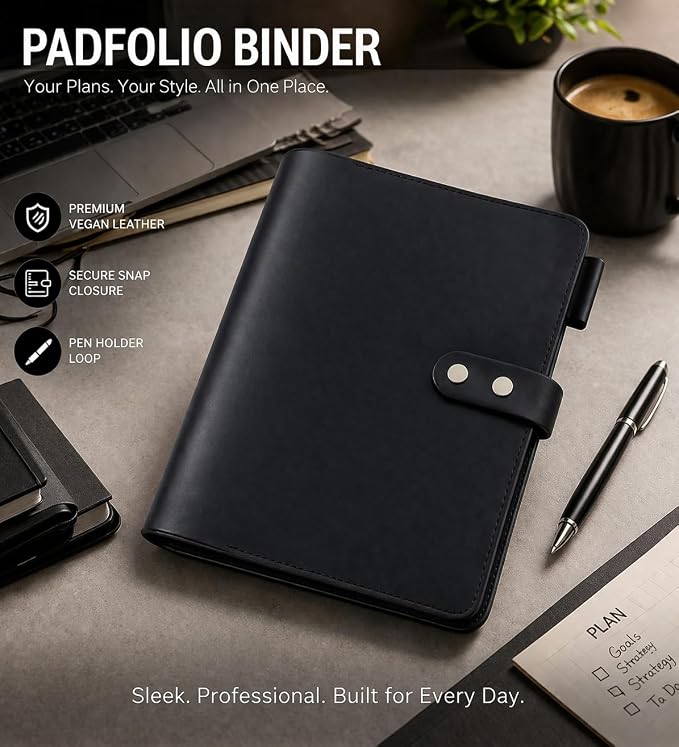 Premium Leather 3-Ring Binder Portfolio, 8.5x11 Inch Letter Size Organizer Folder, Refillable 3-Hole Paper BusinessBinder, Resume Folio for Men and Women (Black)