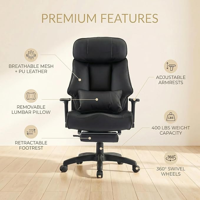 EXCEBET Big and Tall Office Chair 500lbs - 22.4" Extra Wide Seat Ergonomic Executive Chair, Heavy Duty High Back Leather Office Chair with Footrest, Lumbar Support & Adjustable Arm (All Black)
