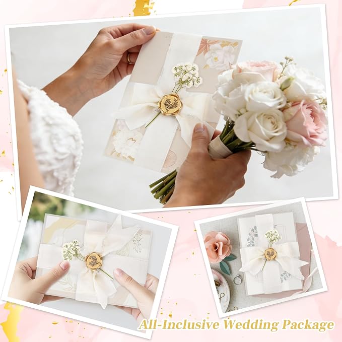 Wedding Invitation Accessories Kit, Pre-Folded Vellum Jackets for 5×7 Invitations with Wax Seal Stickers, Ribbon & Dried Flowers, Elegant Wedding Invitation Accessories for DIY Bridal Invites (Off-White, 100)
