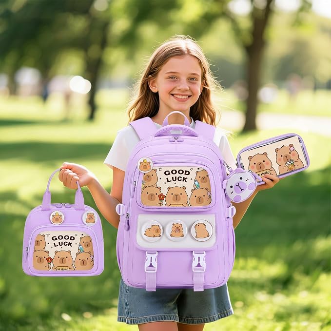 Capybara Backpack for School Girls, 30PCS Capybara Gifts School Supplies Stationery Set with Lunch Box Pencil Case Pens Pencils Notebook Cartoon for Kindergarten Elementary Student(Purple)