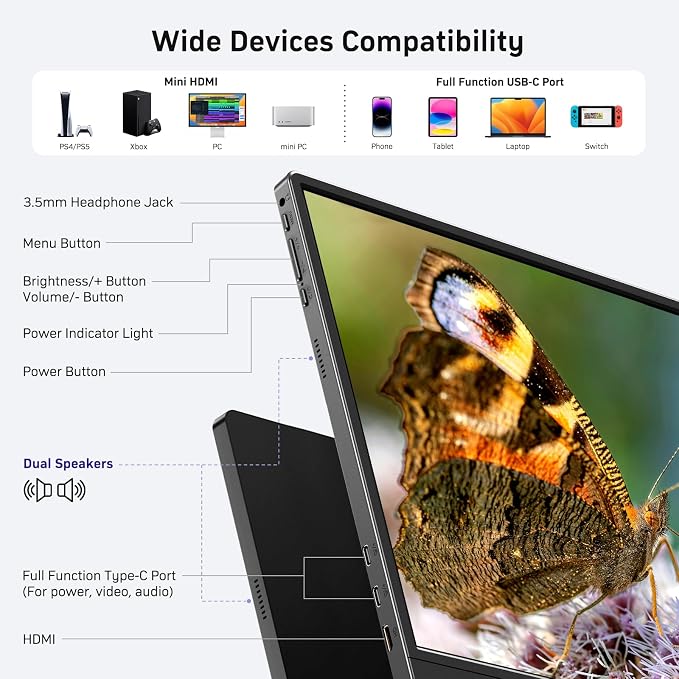 Anyuse 18.5 Inch Portable Monitor 100Hz FHD 1080P IPS Display with Integrated Stand Dual Speakers USB-C HDMI External Screen for Laptop PC Phone Gaming Console Travel Display