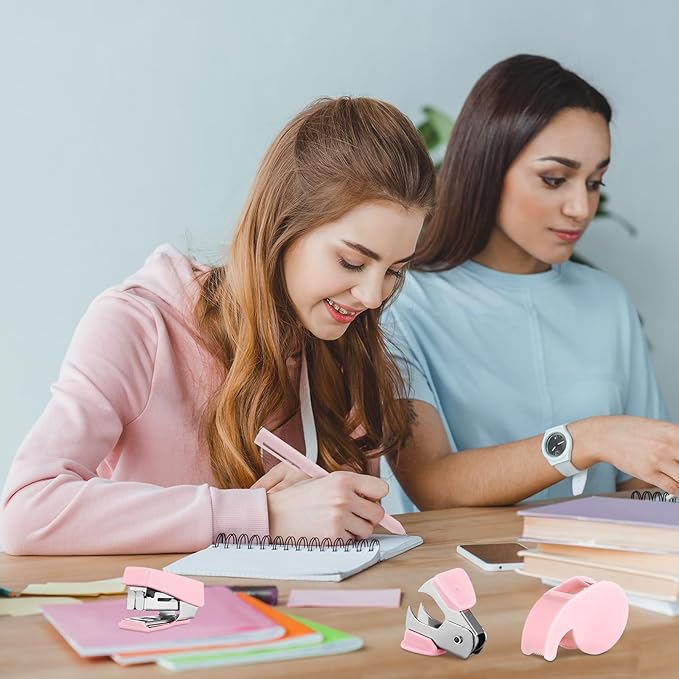 Colarr Mini Office Supply Kit Include Stapler Tape Dispenser Staple Remover Paper Clip Scissor Staple Pen Sharpener Note Small Telescopic Knife for Office Back to School Supplies Student Clerk(Pink)