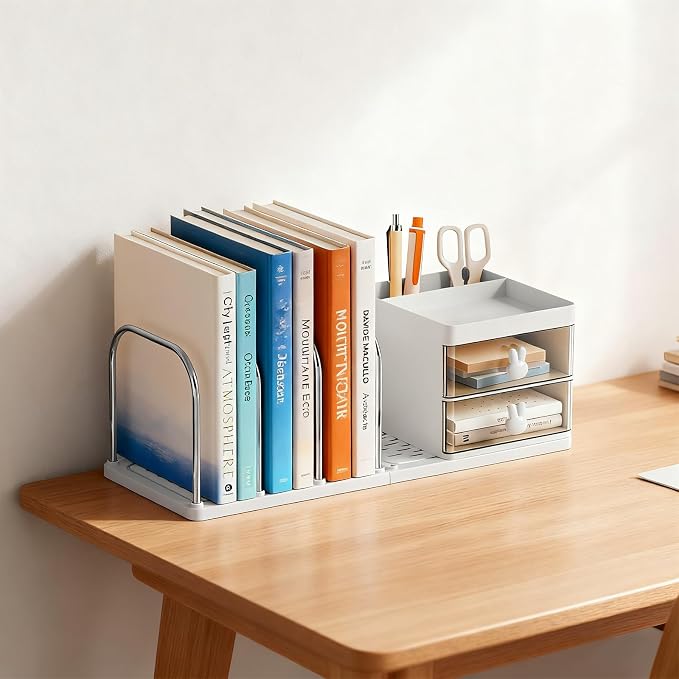 Desk Organizer with 2 Drawer, Desktop File Organizer with 4 Bookends, with Pen Holder, for Home Office School Supplies