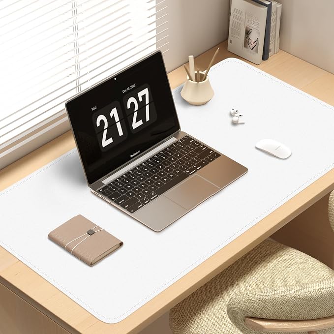 Double-Sided Office Desk Mat, Large Mouse Pad, Waterproof PU Leather Protective Pad, Laptop Desk Pad, Dual Use Cover Protector for Office/Home Keyboard (White+Brown, 31.5''×15.8'')