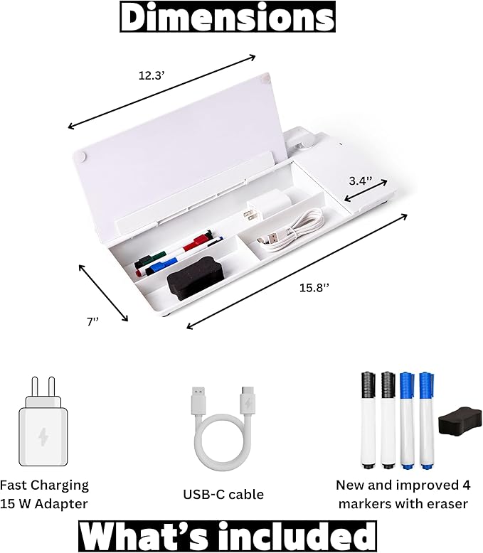 GAROOD Desktop Dry Erase Board with Storage Wireless Charger Desk White Board Desk Board Glass Desktop White Board with Stand Home Office Desk Organizer Phone Holder 15.8X7X2 inches