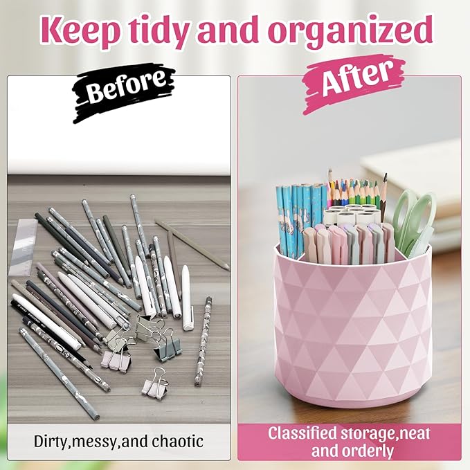 minimaliving Desk Organizer,Sparkling Diamond-like Pen Holder for Desk 360°Rotating Office Accessories,Pencil Cup with 5 Compartments Storage Box Caddy for Office,School,Home,Art Supply(Pink)