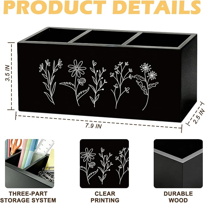 Black and White Floral Pen Pencil Holder for Desk, Minimalist Wildflower Botanical Wooden Box Sign Organizer for Home Office Bedroom Desk Accessories Tabletop Decorations