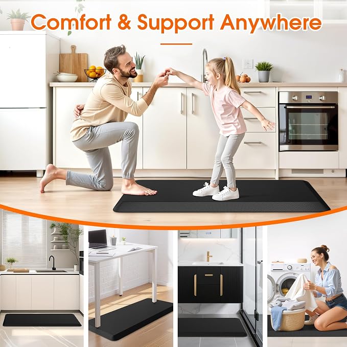 4/5 Inch Thicker Kitchen Mat, Cushioned Thick Floor Comfort Mat, with Non-Slip Bottom, Water & Stain Resistant, Easy Clean Standing Desk Mat for Kitchen, Sink, Office (17.3"x39"x0.8", Black)
