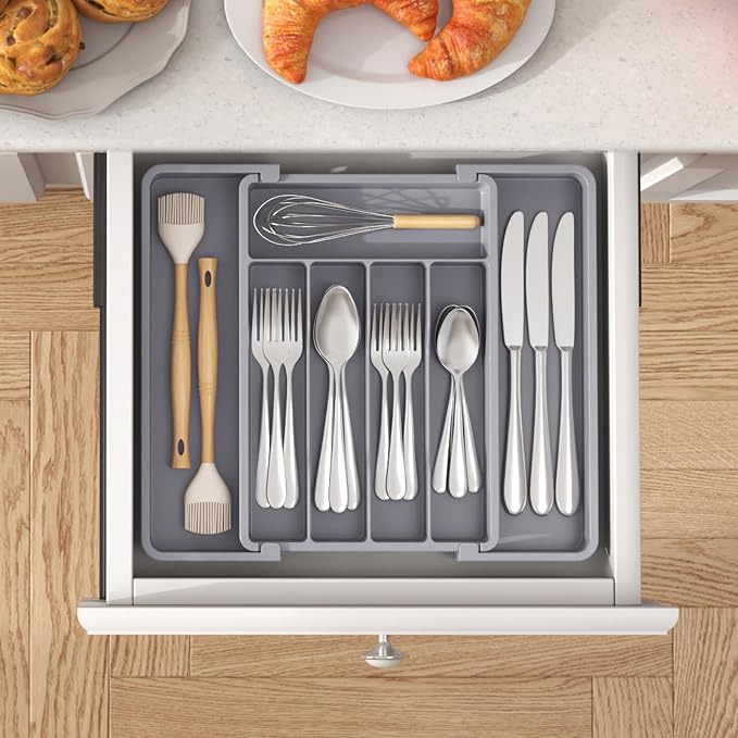 Lifewit Silverware Drawer Organizer, Expandable Utensil Tray for Kitchen, BPA Free Flatware and Cutlery Holder, Adjustable Plastic Storage for Spoons Forks Knives, 8.5-14 x 12", Gray
