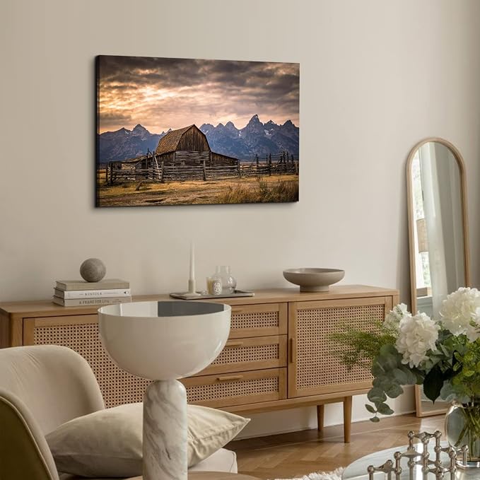 Grand Teton National Park Canvas Wall Art Sunset Moulton Barn Landscape Wall Decor, Wyoming Nature Mountains Scenery Picture Artwork Painting Decoration for Home Living Room Bedroom Kitchen 24x36"