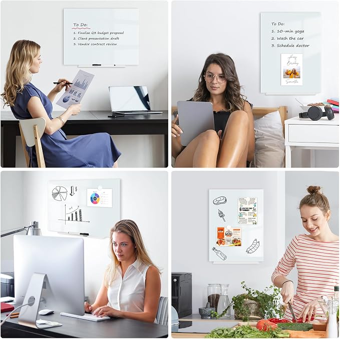 Magnetic Glass Whiteboard, 16" x 12", Frameless Wall Mount, Normal White | Glass Dry Erase Board for Wall, Includes 1 Marker Tray and 4 Magnets, White Board for Office, Home, Classroom