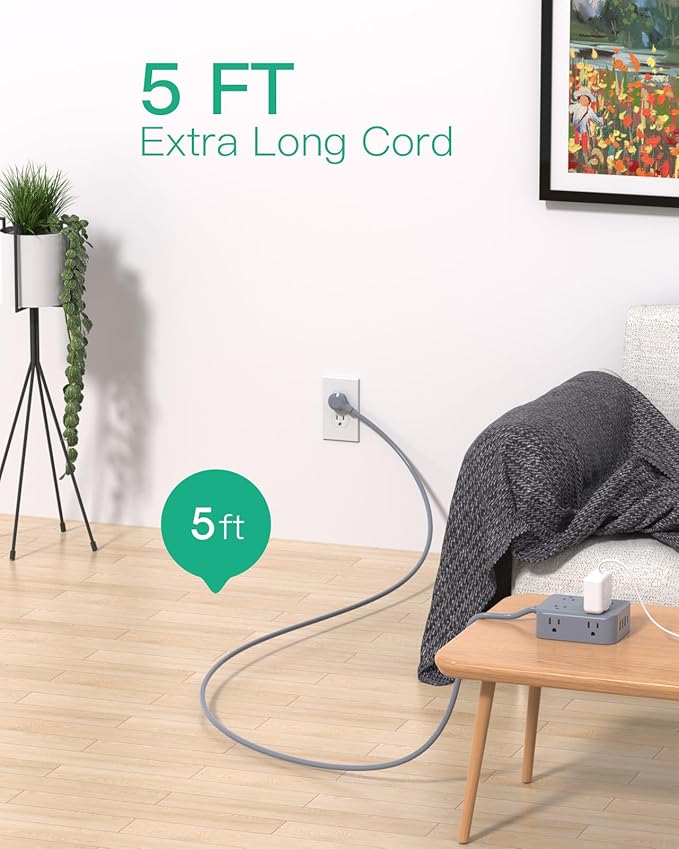 Power Strip Surge Protector - Flat Plug, Wall Mount, 8 Wide Outlets with 4 USB Ports (2 USB C), 5FT Heavy Duty Extension Cord with Multiple Outlets, Charging Station Home Dorm Office Accessories Gray