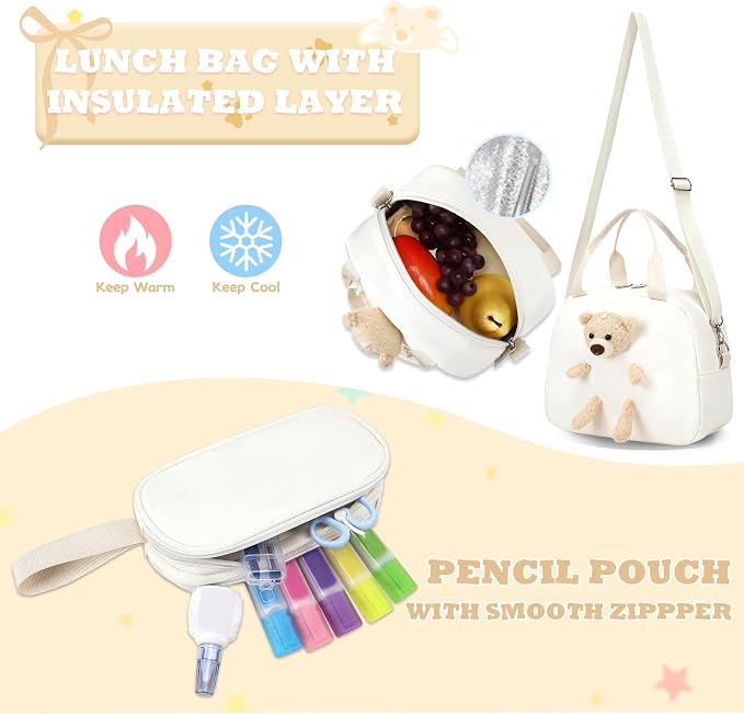 ACESAK Backpack for Girls with Insulated Water Bottle - 4 PCS Cute Girls Backpack with Lunch Box, Pencil Case & Kids Cup Set - 14oz Kids Water Bottle with Straw Set Back to School Supplies (Beige)