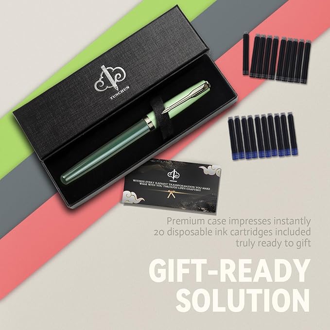 YUNCHUN Fountain Pens Set for Writing, Fancy Medium Nib Ink Pens of Morandi Color with 5 Black and 5 Blue Refills Cartridges, Best Pen Gift Set for Men & Women, Office Professional Pen for Work, Green