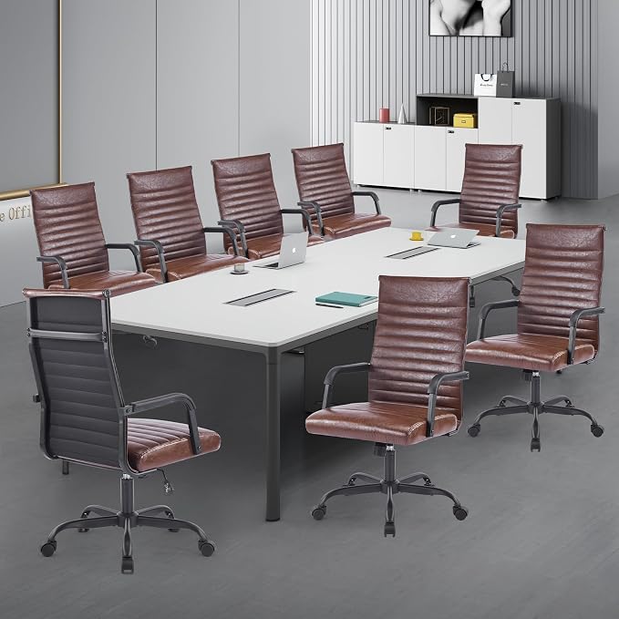Office Chair, Ergonomic Executive Conference Room Chairs, Ribbed Leather Desk Chair with Lumbar Support, Adjustable Height Mid-Back Swivel Chair with Padded Seat