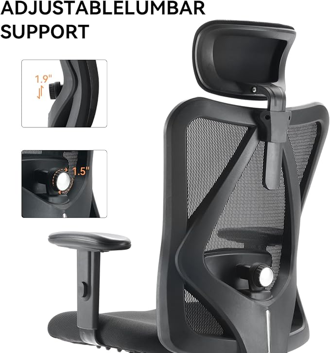 XUER Ergonomic Office Chair, Mesh Computer Desk Chair with Adjustable Sponge Lumbar Support, Thick Cushion, PU Armrest and Headrest, High Back Swivel Home Office Task Chair for Work (Black)…