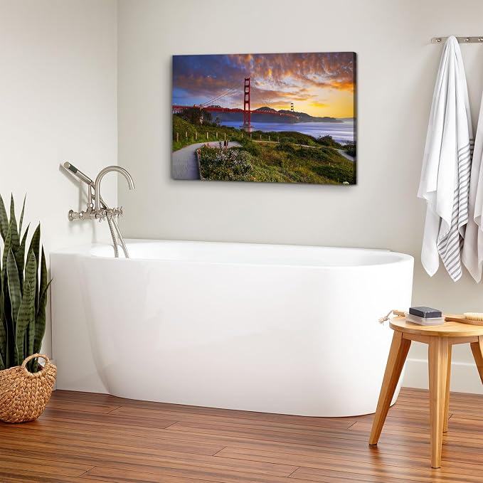 Famous Cityscape Canvas Wall Art Red Golden Gate Bridge Picture Bedroom Wall Decor Modern Urban Landmark Photography Poster Prints Painting Framed Artwork for Living Room Office Home Decoration 24x36"