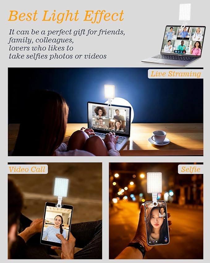 60 LED Portable Selfie Light Video Conference Lighting with Clip & Camera Tripod Adapter Rechargeable 2000mAh CRI 97+, 3 Light Modes for Phone iPhone Webcam Laptop Photo Makeup (Pure White)
