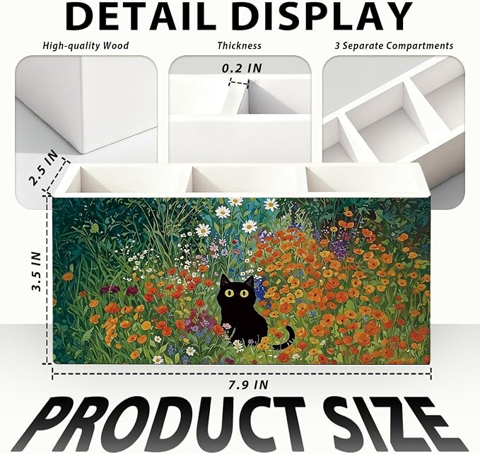 Black Cat Pen Pencil Holder for Desk, Black Cat Mom Lady Lovers Gifts for Women, Pet Lover Gifts, Cottagecore Wildflower Kitten Wooden Box Sign Decorations for Home Office Desk Tabletop