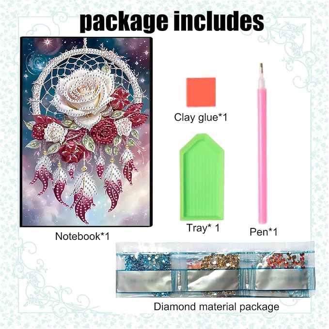 FRANDEK A5 50-Page DIY Diamond Art Painting Notebook with Beautiful Patterns, Special Shaped Diamond Art Craft for Beginners Adults Gift(Rose Dream Catcher)