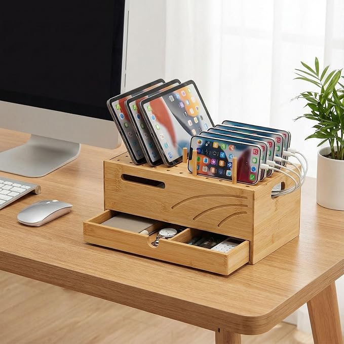 Homde Office Charging Station Organizer: 2 Layer Charger Holder (Natural) | Bamboo Electronic Docking Stand for Multiple Devices Tablets Phones - Drawer for Home