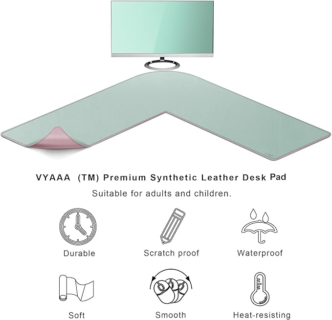 Vyaaa L-Shaped Leather Desk Pad, Two Tone Gaming Mouse Pad for Corner Desk Mat, Office and Home, 43 x 43 x 15.7 Inch, Pink and Green