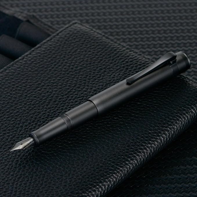 HONG DIAN M2 Black Forest Mini Fountain Pen, Long Blade Nib & Sleek Shape Aluminium Short Pocket Travel Pen (Matte Black)