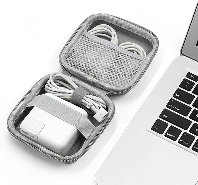 Charger Case for Macbook, Portable Tech Electronic Organizer Bag, Small Travel Storage Pouch for Laptop Accessories, MacBook Power Adapter, Charging Cords, USB Drives, Power Bank (Grey PU, M)