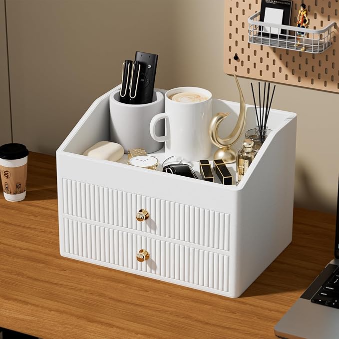 LADSTAG Desk Organizer,Beige White Vegan Leather Desk Accessories & Workspace Organizers with 2 Drawers & Tray,Key Holder with Gold-Tone Metal Accents knob,Jewelry Box,Nightstand