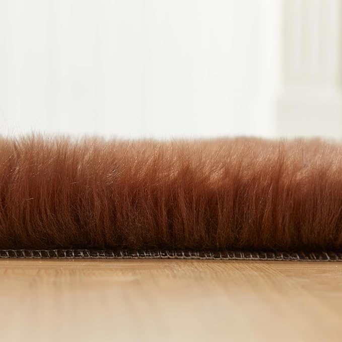 EasyJoy Faux Sheepskin Rug, Fluffy Faux Fur Rug, Ultra Soft Shag Area Rug with Non-Slip Backing for Bedroom, Living Room, Nursery, Kids Room(4 x 4 ft Round, Coffee)