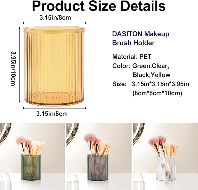 DASITON Makeup Brush Holder Organizer, Acrylic Makeup Brush Cup, Vintage Striped Make Up Brush Holder for Vanity, Bathroom Countertop, Toothbrush Holders, Pen Holder for Desk Storage (Yellow)