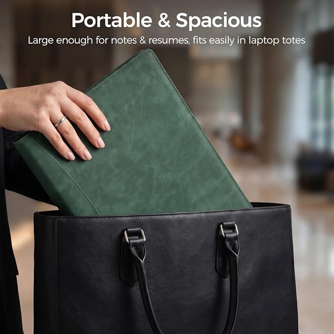 Koogel Padfolio Portfolio Folder, Leather Clipboard Portfolio Binder 13x10 inch Legal Writing Pad for Document Organizer Business Notepad Clip Boards for Office School Conference Meeting, Dark Green