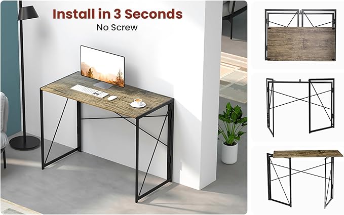 Interior Elements Folding Computer Desk for Home Office – 39" Small Portable Writing Desk, Light Brown Oak and Black Frame, Space-Saving Modern Study Table, No Assembly Required