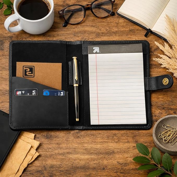 Leather Junior Padfolio 5x8, Small Bifold Business Portfolio Folder for Men & Women, Compact Legal Pad Holder with Pen Loop, Card Holder with Document Pocket, Interview Organizer (Black)
