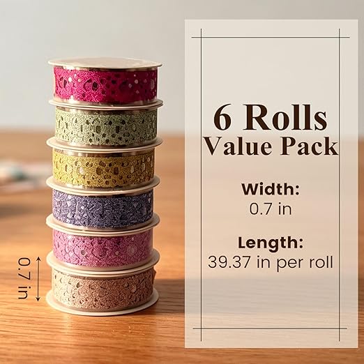 SallyFashion Decorative Washi Tape Set - 6Rolls Glitter Lace Washi Tape for Card Making Supplies, Scrapbook Craft Supplies, Aesthetic Journaling, DIY Craft Projects Gift Wrapping