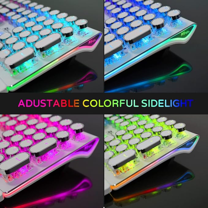 RK ROYAL KLUDGE S108 Typewriter Mechanical Keyboard, Full RGB Gaming Keyboard, Wired PC Game Keyboards with Detachable Wrist Rest and Number Pad, Retro Round Keycaps, Brown Switch White