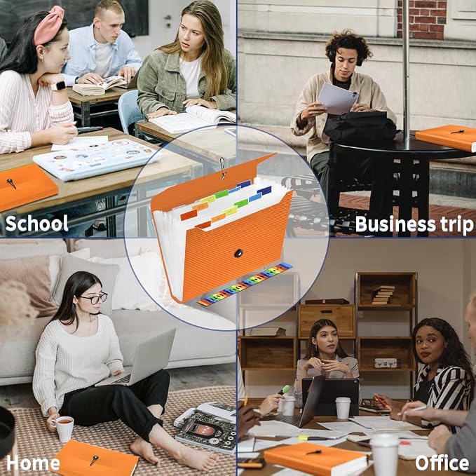 Expanding File Folder, 13 Pockets Accordian File Holder Organizer, A4 Letter Size Paper Document Receipt Organizer Accordion Filing Folder for Classroom, Home, Office and Travel, Orange