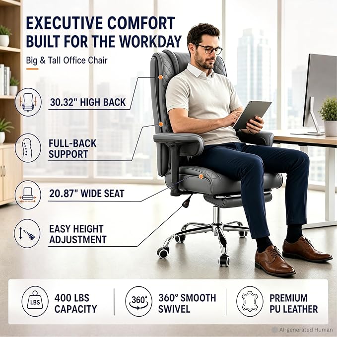 Big and Tall Office Chair,Heavy Duty Wide Executive Office Chair(Grey) | Breathable Leather,Double-layered Backrest,Seat Cushion Designed of Deluxe Embroidery Leather,Foot Rest, Adjustable Armrests