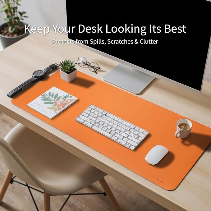 Large Desk Pad Non-Slip Desk Mat Protector for Keyboard Mouse Waterproof Vegan Leather Surface Faux Leather Laptop Mat Smooth Mouse Pad Premium Gift Tube Sunset Orange 47" X 17"
