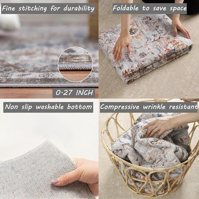 4x6 Washable Vintage Area Rug Tangerine Traditional Floor Cover Foldable Rug Retro Kitchen Accent Rug Indoor Distressed Non Slip Carpet Floral Print Mat Bedroom Living Room Bathroom