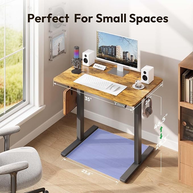 35 x 24 Inch Height Adjustable Standing Desk, 3 Presets, Brown | 35 x 24 in Desktop, 28.3–46.5 in Height, 2+3 Controls, ≤45 dB, 154 lb Capacity, 2 Hooks
