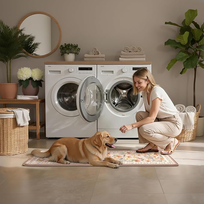 Anti Fatigue Kitchen Mats 2PCS Thick Non Slip Cushioned Rugs Beige Abstract Floral Waterproof Comfort Standing Mats for Floor Sink Laundry Office 17.3"×47"+17.3"×30"