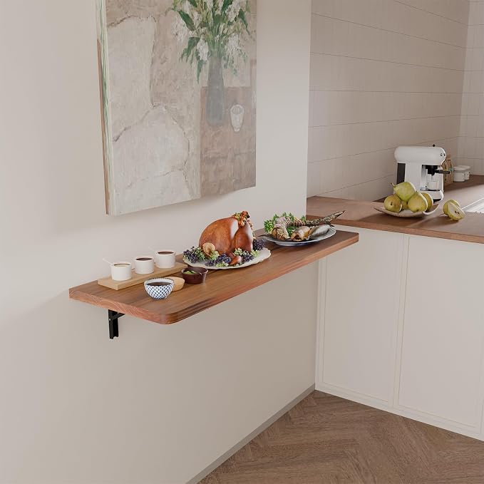 IAE Wall Mounted Folding Table with Pine Wood,48" x 16" Floating Wall Desk,Laundry Folding Table with Shelf Brackets,Fold Down Desk Shelf,Fold Workbench for Apartments,Home,Laundry Room,Kitchen,Teak