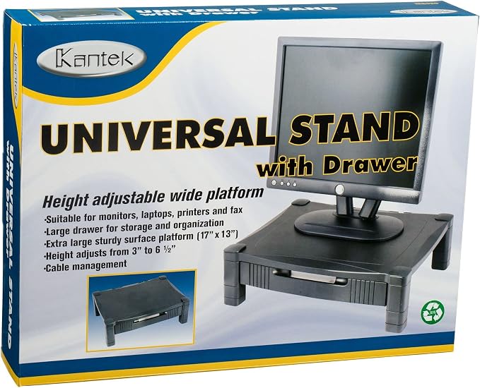 Kantek Monitor Stand With Drawer, 17" X 13.25" X 3" To 6.5", Black, Supports 50 Lbs