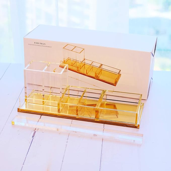Acrylic Desk Organizer 4-Piece Desk Kit + Free Complimentary Acrylic Ruler, Desktop Organization for Office or Home (Gold)