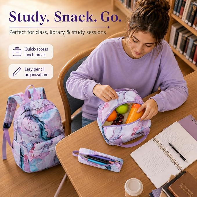 Bluboon Teens Backpack Set Girls School Backpack Lunch Box Pencil Bags Student Bookbags 3 in 1 (Green Marble)