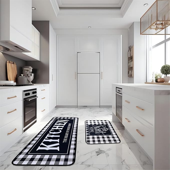 Voanos Kitchen Rugs,Non Skid Washable Microfiber mats for Kitchen Floor, Black and White Buffalo Plaid Kitchen Cushioned Runner Rug Decor Sets of 2,Size 17"x 47"+17"x 30"
