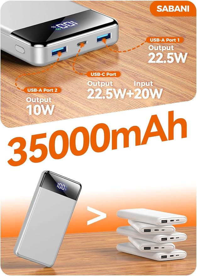 Portable Charger 35000mAh Power Bank - Powerbank with 4 Built in Cables, 22.5W Fast Charging Travel Camping Essential Battery Pack Compatible with iPhone 17 16 15 14 13 Samsung Google, 1 Pack, Silver