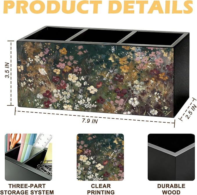 Vintage Floral Pen Pencil Holder for Desk, Moody Cottagecore Botanical Flower Wooden Box Sign Organizer for Home Room Office Bedroom Desk Accessories Tabletop Decorations