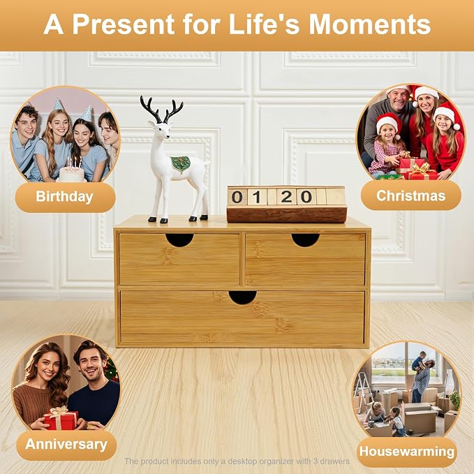3 Drawers Bamboo Desk Organizer, Tabletop Storage Organization Multifunctional Desktop Organizer Office Wooden Drawer Mini Wood Desk Drawers Organizers for Home Office No Assembly Required